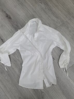 Anne Fontaine Classic White Button-Down Tie-Sleeve  Side Ruching SIZE 1